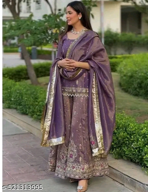 नया डिज़ाइनर पार्टी वियर शुद्ध ट्विल गोल्ड नेट टॉप, पलाज़ो और दुपट्टा सेट