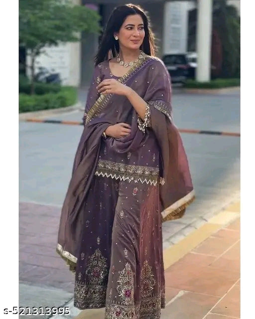 नया डिज़ाइनर पार्टी वियर शुद्ध ट्विल गोल्ड नेट टॉप, पलाज़ो और दुपट्टा सेट